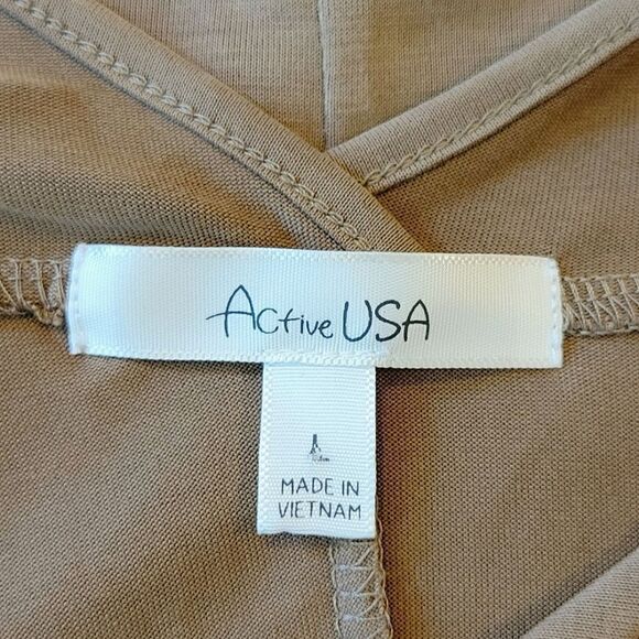 Active USA Heathered Tan V-neck Crisscross Drop Sleeve Stretchy Top Size L - Picture 5 of 7